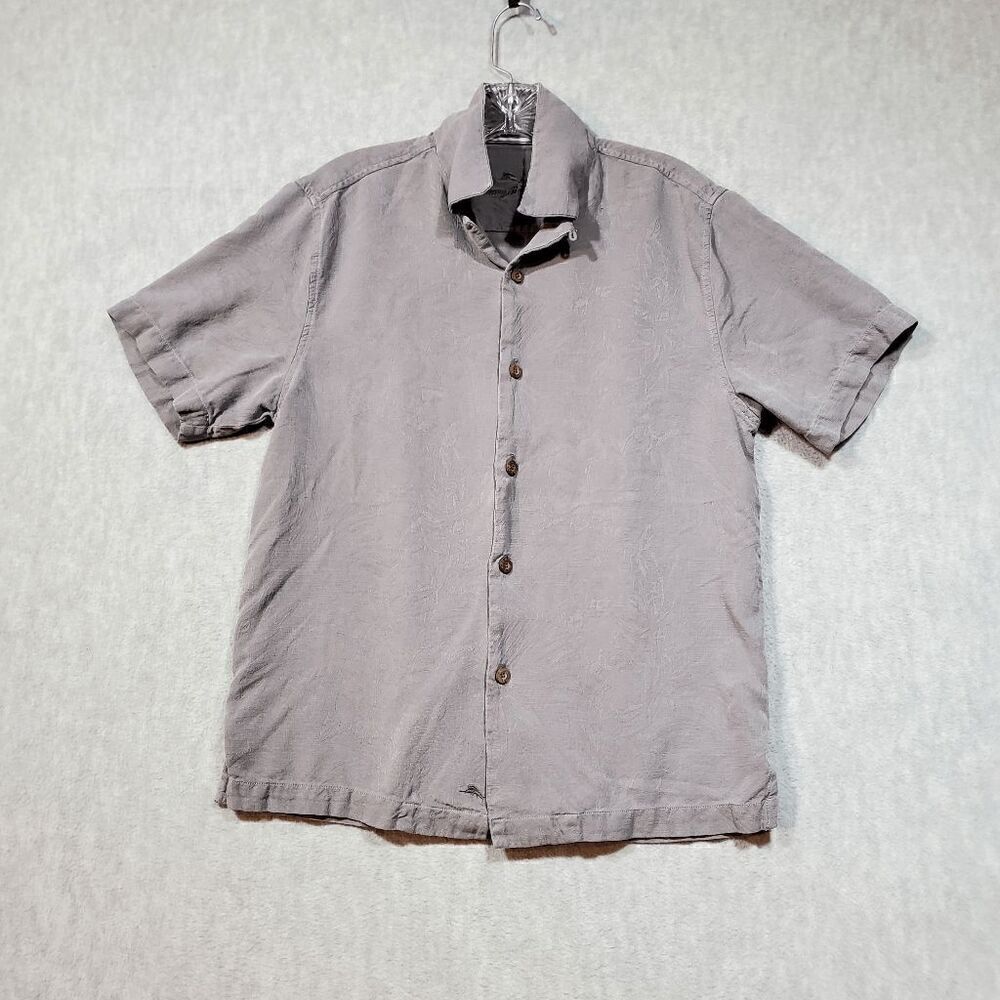Tommy Bahama Shirt Mens Small Gray Floral 100% Silk Logo Collared Button Down